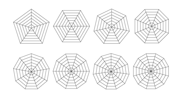 Vector set of black polar grid spider radar chart diagram pentagon quadrilateral hexagon octagon