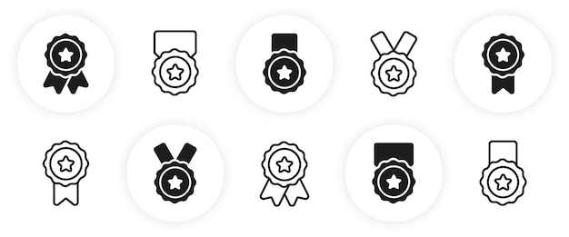 Set of Black Silhouette and Line Medals with Ribbon and Stars Rewards for  Champion