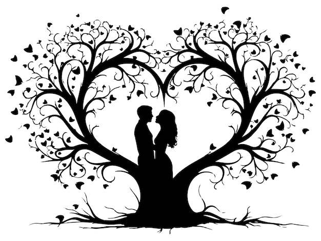 set of black silhouette love tree