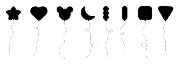 Set of black silhouette party balloons tied with strings Vector illustration in cartoon style