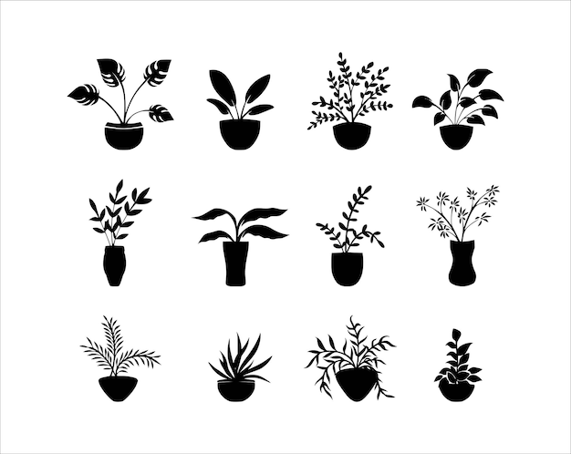 Set of Black in Silhouette Potted Plant Leaves White Background