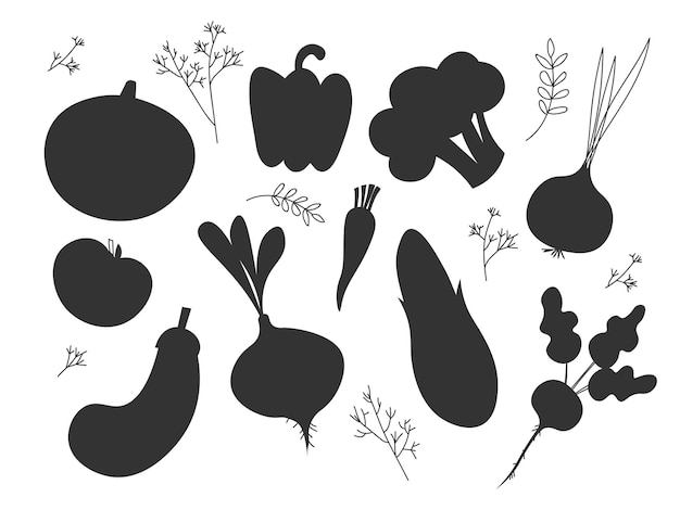 Set black silhouette various vegetables on a white background Abstract design logo Logotype art vector EPS