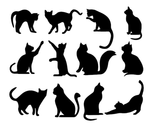 Set black silhouettes of cats and kittens isolated on a white background. Cats collection - vector