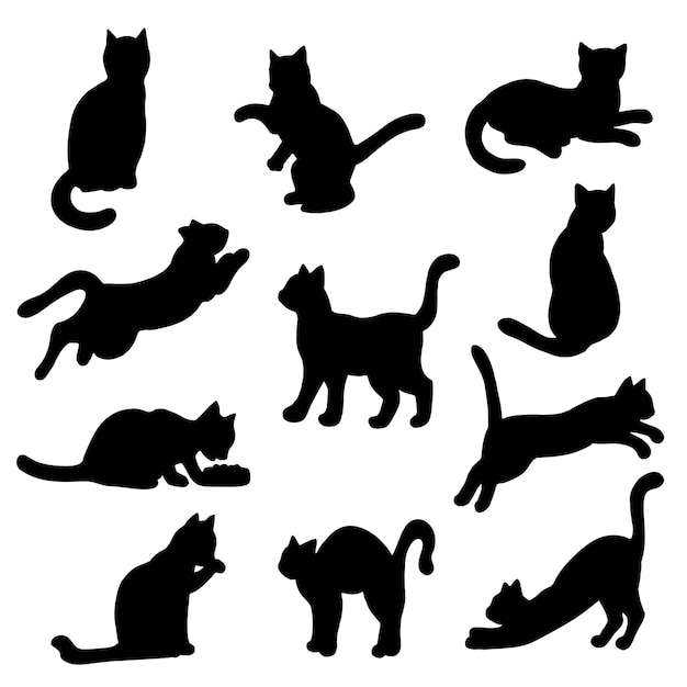 set of black silhouettes of cats: sitting, lying, sleeping, washes, playing, jumping, stretching, eating, isolate on a white background