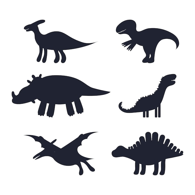 Set of black silhouettes of cute kids dinosaurs