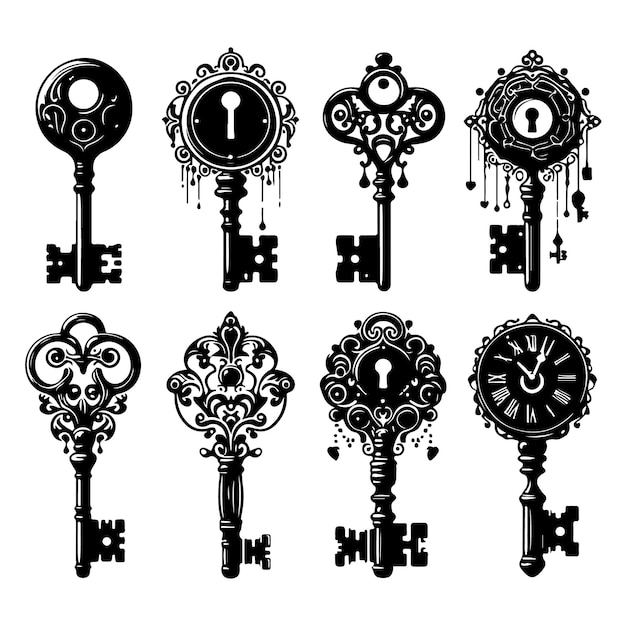 Vector set of black silhouettes of door keys on a white background