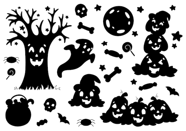 Set of black silhouettes pumpkin ghost tree bat bones Halloween theme