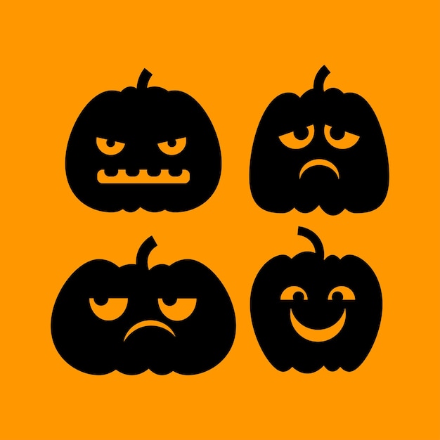 Set of black silhouettes of smiling pumpkins on an orange background