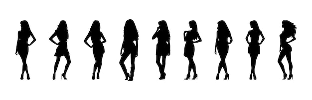 Set of black silhouettes of young women isolated on white background vector illustration