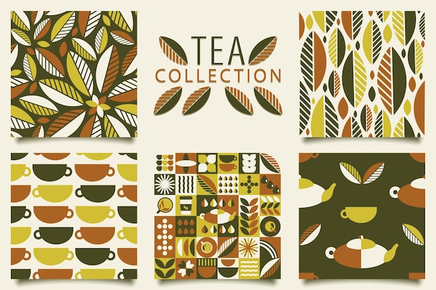 Vector set of black tea seamless patterns design elements in simple geometric style