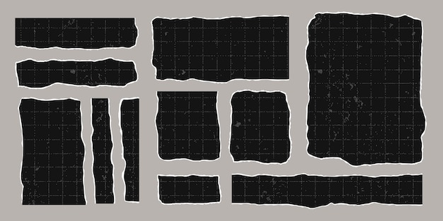 Vector set of black torn rectangular sheets of checkered paper with jagged edges ripped vintage elements