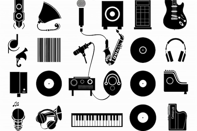 Set of Black Vector Icons for Music