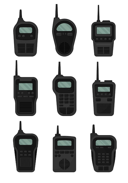 Vector set of black walkietalkies with antenna vector illustration