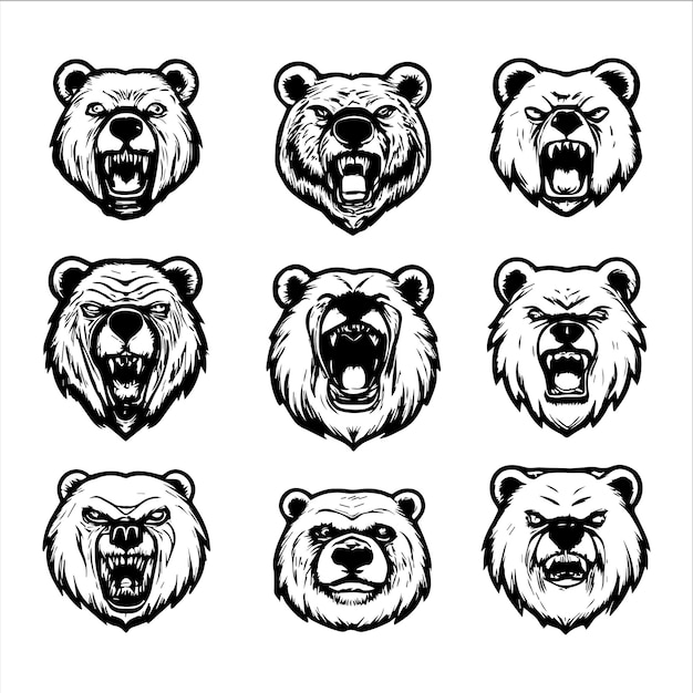 Set of black and white bear head illustration silhouette artwork