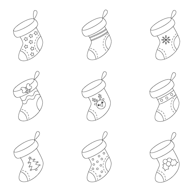 Set of black and white Christmas socks. Collection of   illustrations.