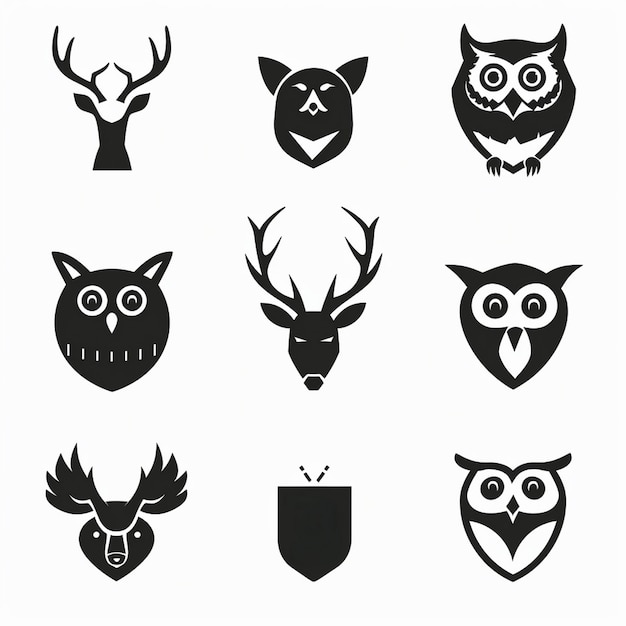 Vector set of black and white deer and owl icons