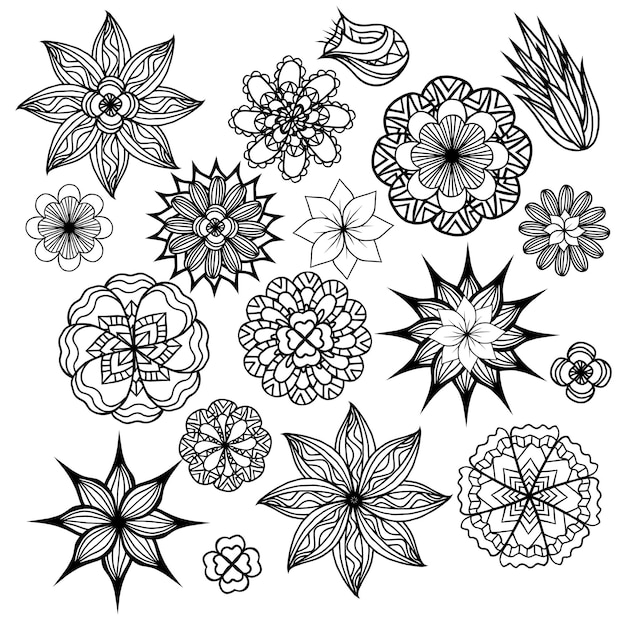 Set of black and white doodle flowers Vector element for invita