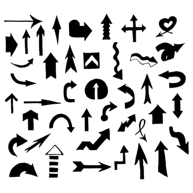 set of black and white drawn arrows arrows, icons on white background