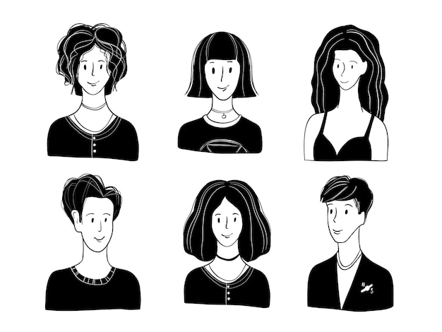 Set of black and white drawn people avatars Young and trendy men and women portraits Trendy doodle icons