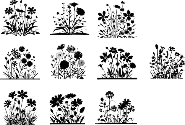 A set of black and white flowers on a white background.