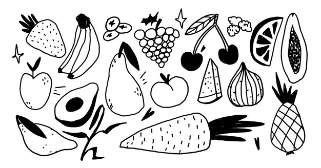 Vector set of black and white fruits elements marker or pen texture trendy jagged illustrations childish