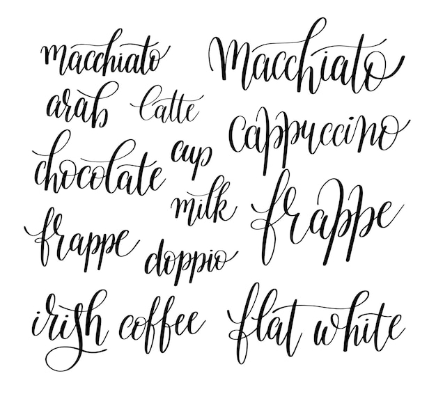 Set of black and white hand written lettering inscription design to coffee shop menu