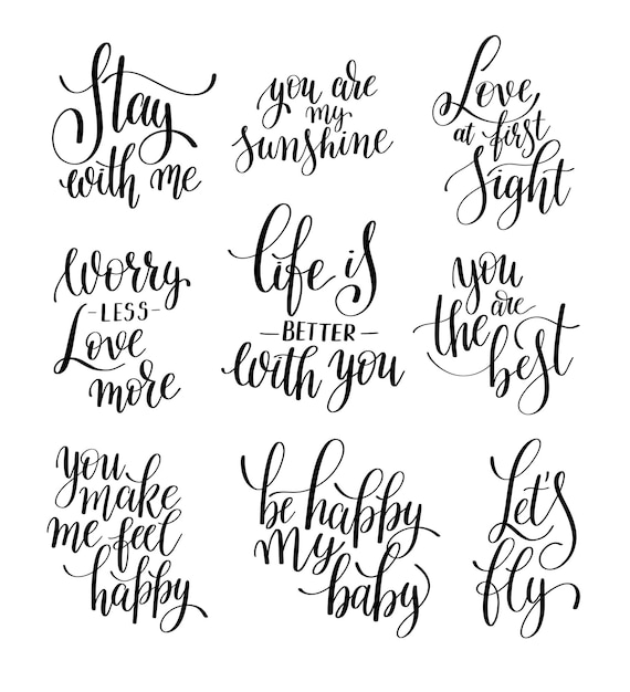 Set of black and white hand written lettering phrase about love to valentines day design poster