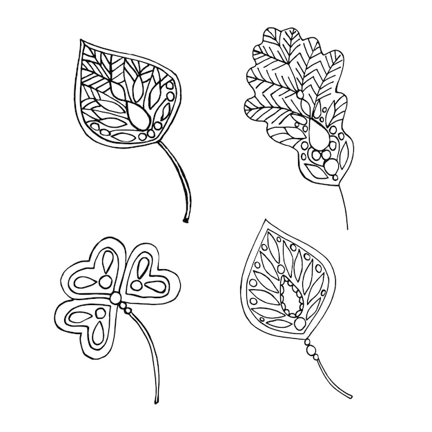 A set of black and white handdrawn drawings of leaves on a white background