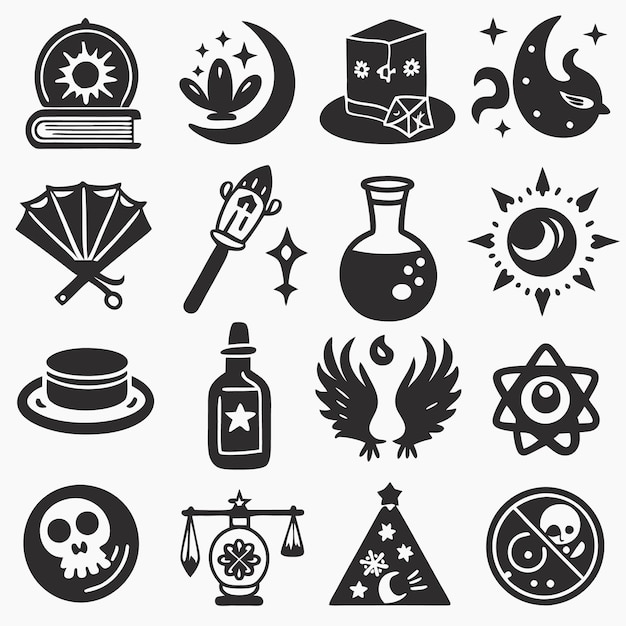 A set of black and white icons depicting various magical objects and symbols