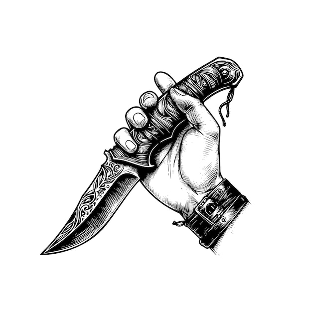 Vector set black and white illustration of hand holding knife isolated on white background