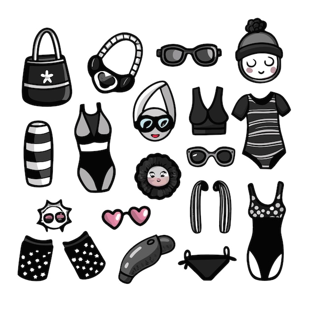 Vector a set of black and white illustrations of summer accessories and swimwear