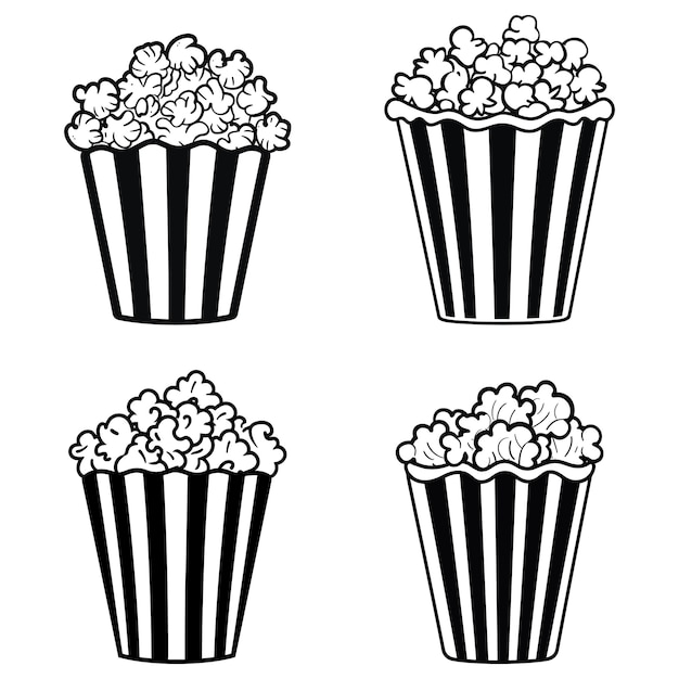 Vector a set of black and white images of popcorn and popcorn