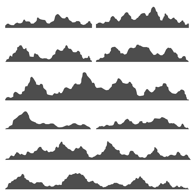 Set of black and white mountain silhouettes Highlands rocky landscapes hills Vector