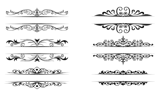 A set of black and white scrollwork designs