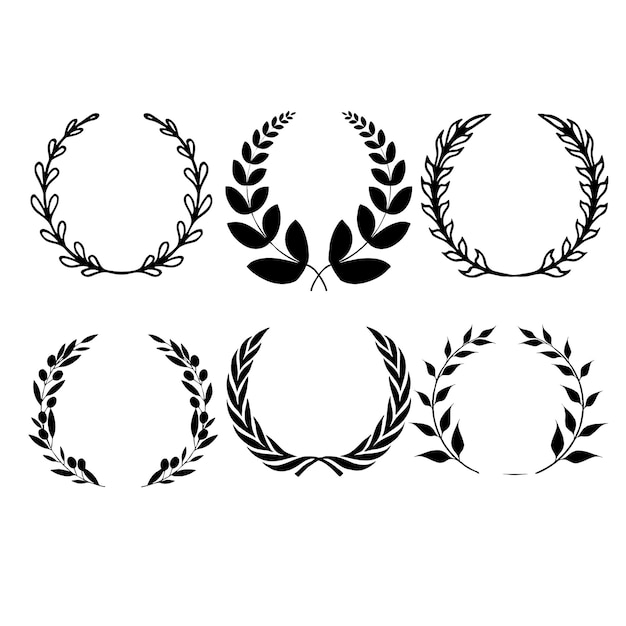 Set of black and white silhouette circular laurel foliate and  wreaths for award achievement