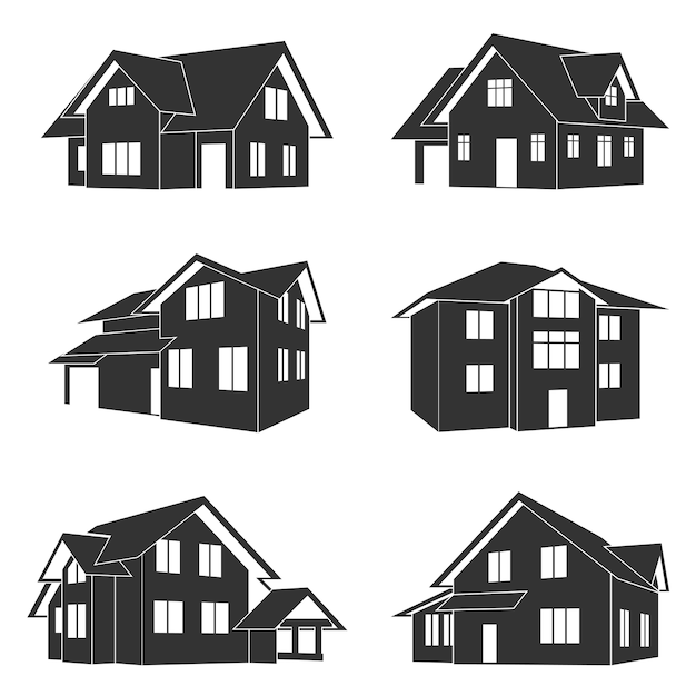 Set of black and white silhouette icons of houses