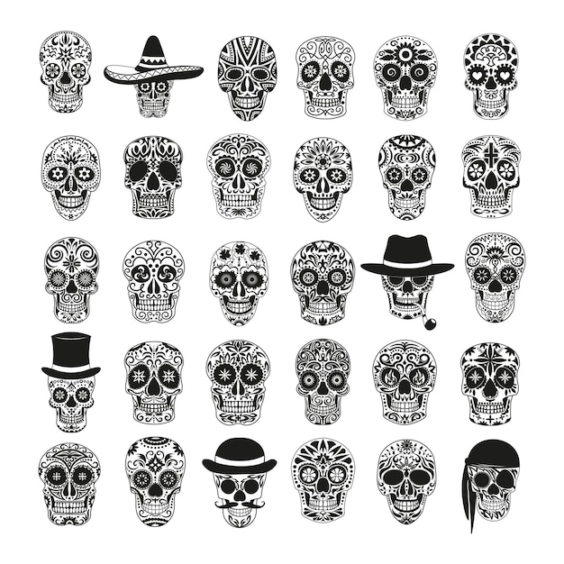 Set of black and white skulls for the day of the dead