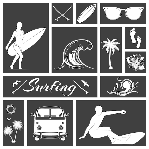 Set of black and white surfing icons.