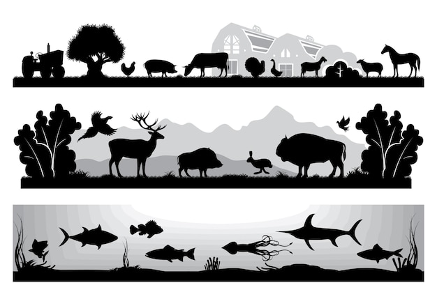 Set of black and white vector landscapes wildlife farm marine life