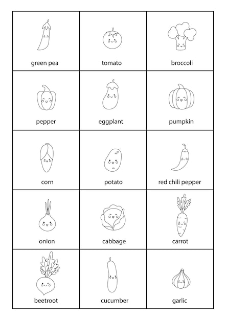 Set of black and white vegetables with names in English.