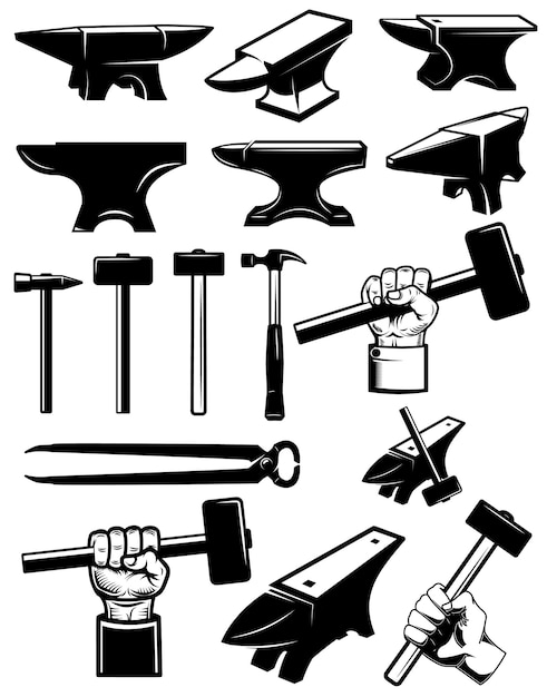 Vector set of blacksmith design elements. anvil, hammers, blacksmith tools. for logo, label, sign, badge.