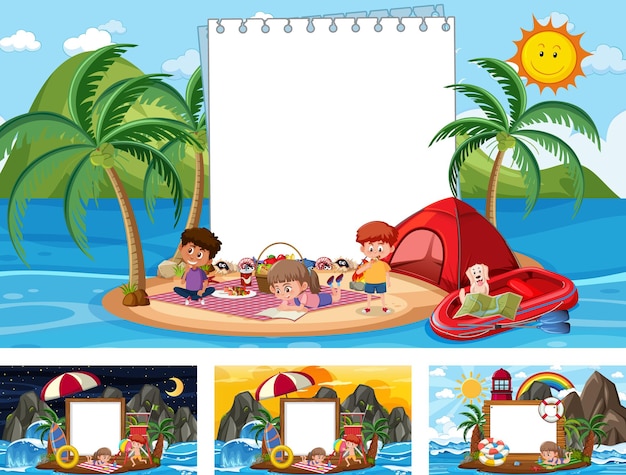 Set of blank banner in different tropical beach scenes