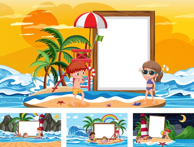 Set of blank banner in different tropical beach scenes