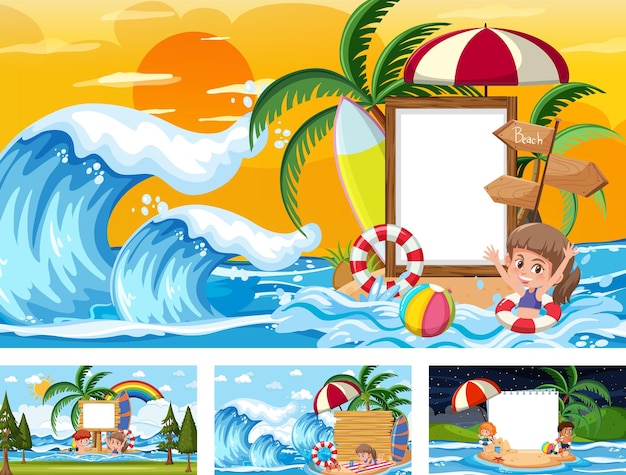 Set of blank banner in different tropical beach scenes