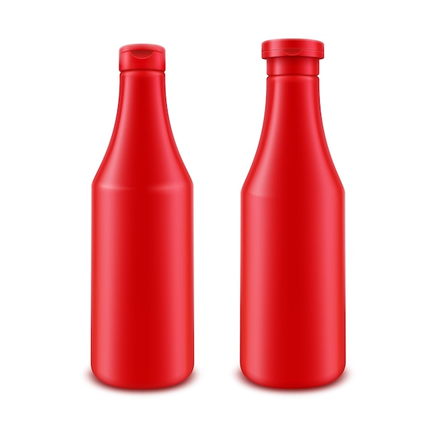  Set of Blank Plastic Red Tomato Ketchup Bottle for Branding without label  on White Background