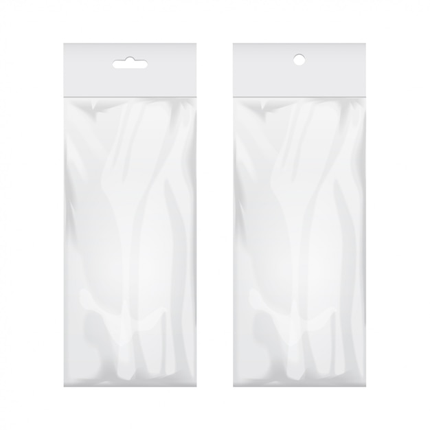 Set of blank transparent plastic bag template. White packaging with hang slot.   illustration