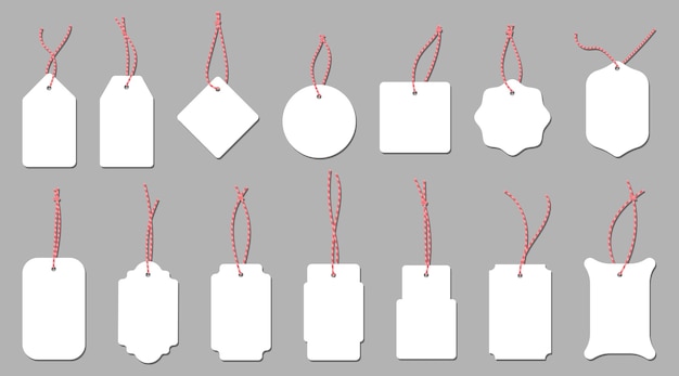 Set of blank white cardboard price tags with red string in different shapes Vector illustration