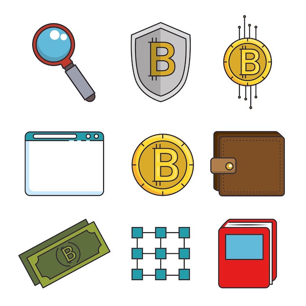 Set of blockchain and bitcoin technology icon 