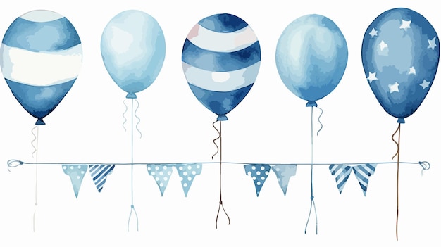 Vector set of blue balloon and ropes with flags isolated