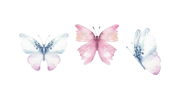 Set of the blue butterflies in pastel colors isolated on white background Watercolor Illustration Blue yellow pink and ivory butterfly spring illustration